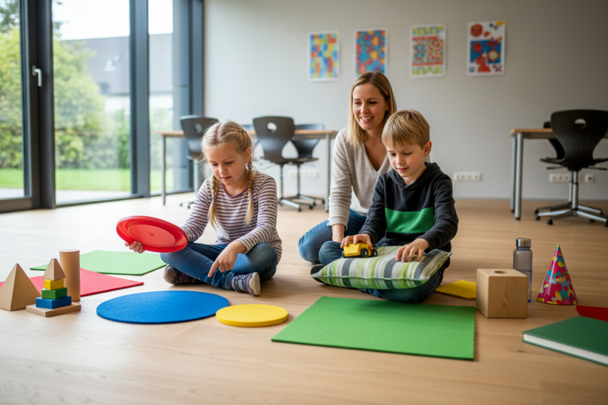 Die Bilder zeigen, wie Kinder geometrische Flächen und Körper mit konkreten Gegenständen vergleichen und ordnen können.