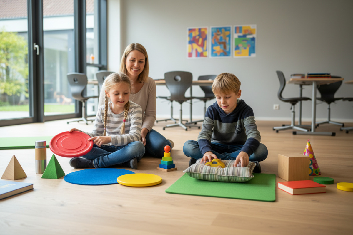 Die Bilder zeigen, wie Kinder geometrische Flächen und Körper mit konkreten Gegenständen vergleichen und ordnen können.