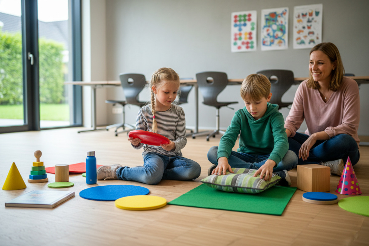 Die Bilder zeigen, wie Kinder geometrische Flächen und Körper mit konkreten Gegenständen vergleichen und ordnen können.