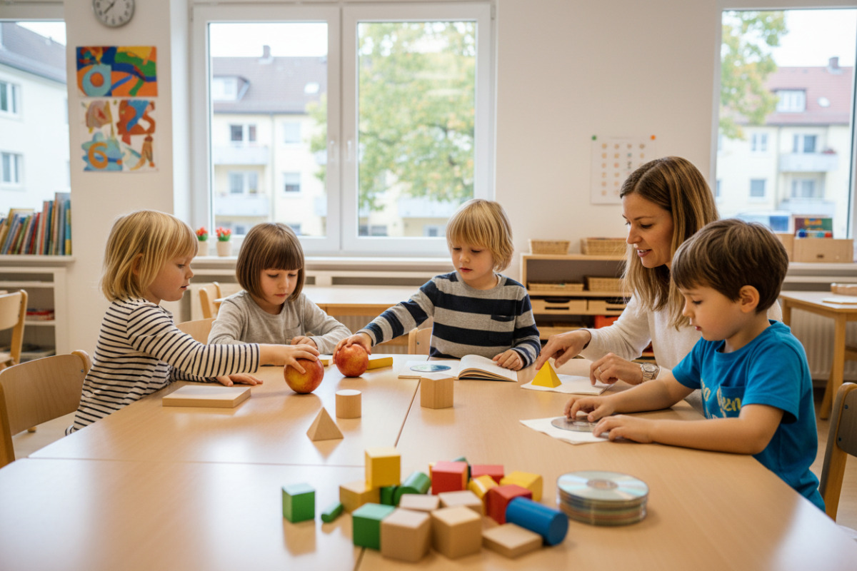 Die Bilder zeigen, wie Kinder geometrische Flächen und Körper mit konkreten Gegenständen vergleichen und ordnen können.