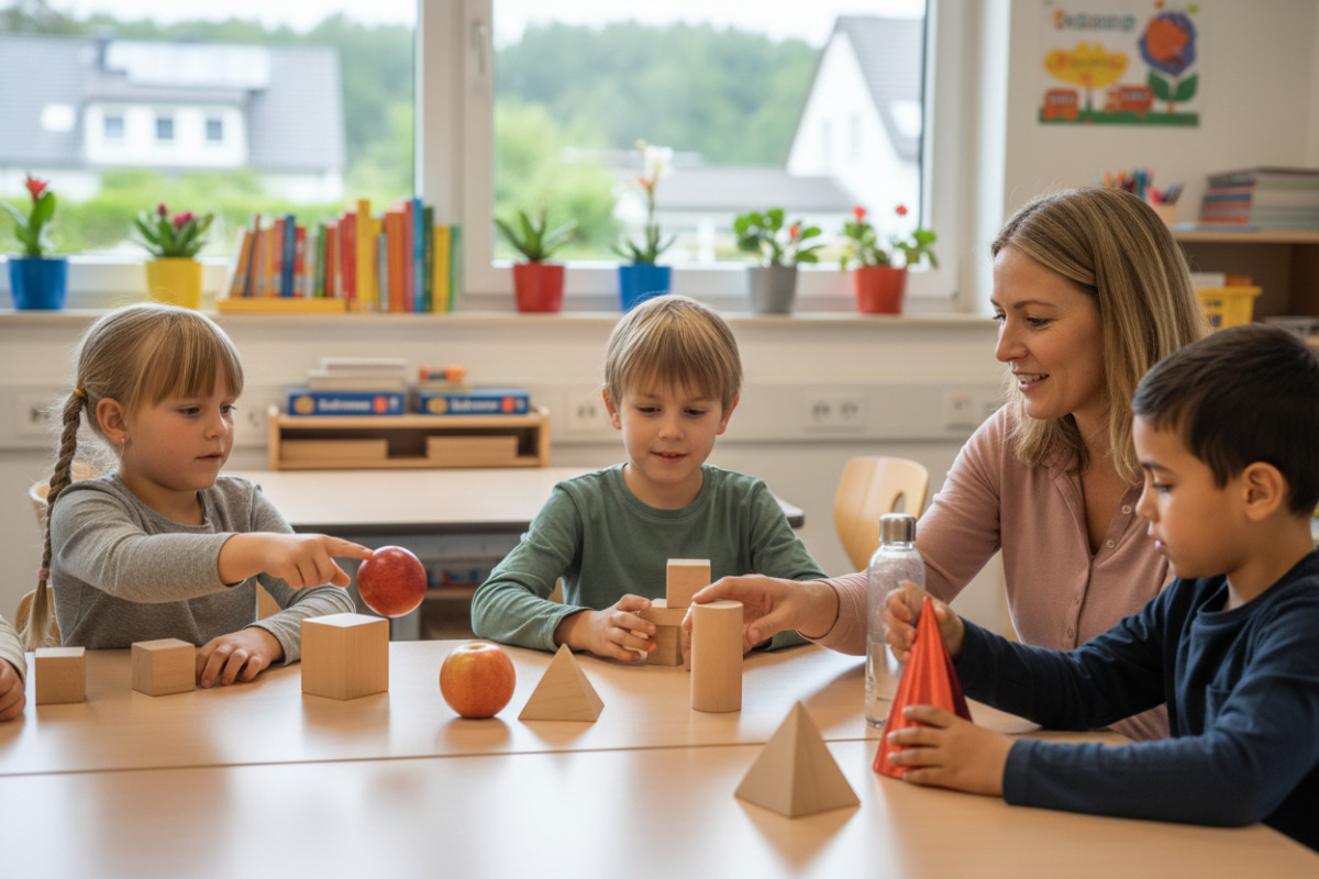 Die Bilder zeigen, wie Kinder geometrische Flächen und Körper mit konkreten Gegenständen vergleichen und ordnen können.