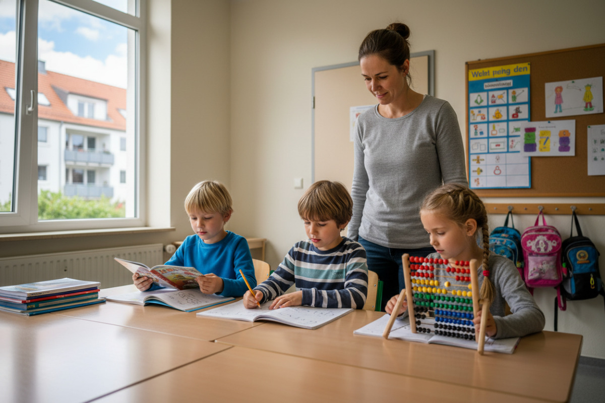 Die Bilder zeigen ruhige Unterrichtssituationen, in denen Lesen, Rechnen und feste Abläufe Kinder im Grundschulalltag