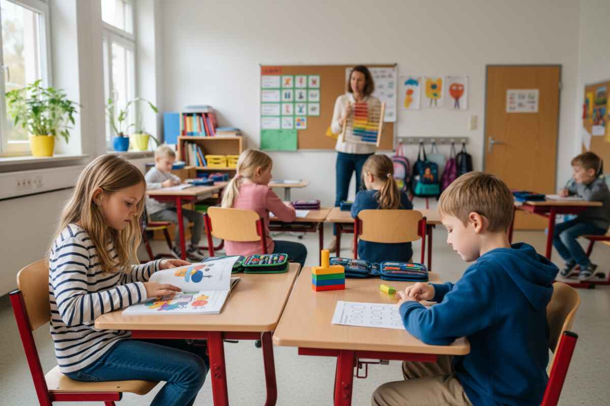 Die Bilder zeigen ruhige Unterrichtssituationen, in denen Lesen, Rechnen und feste Abläufe Kinder im Grundschulalltag