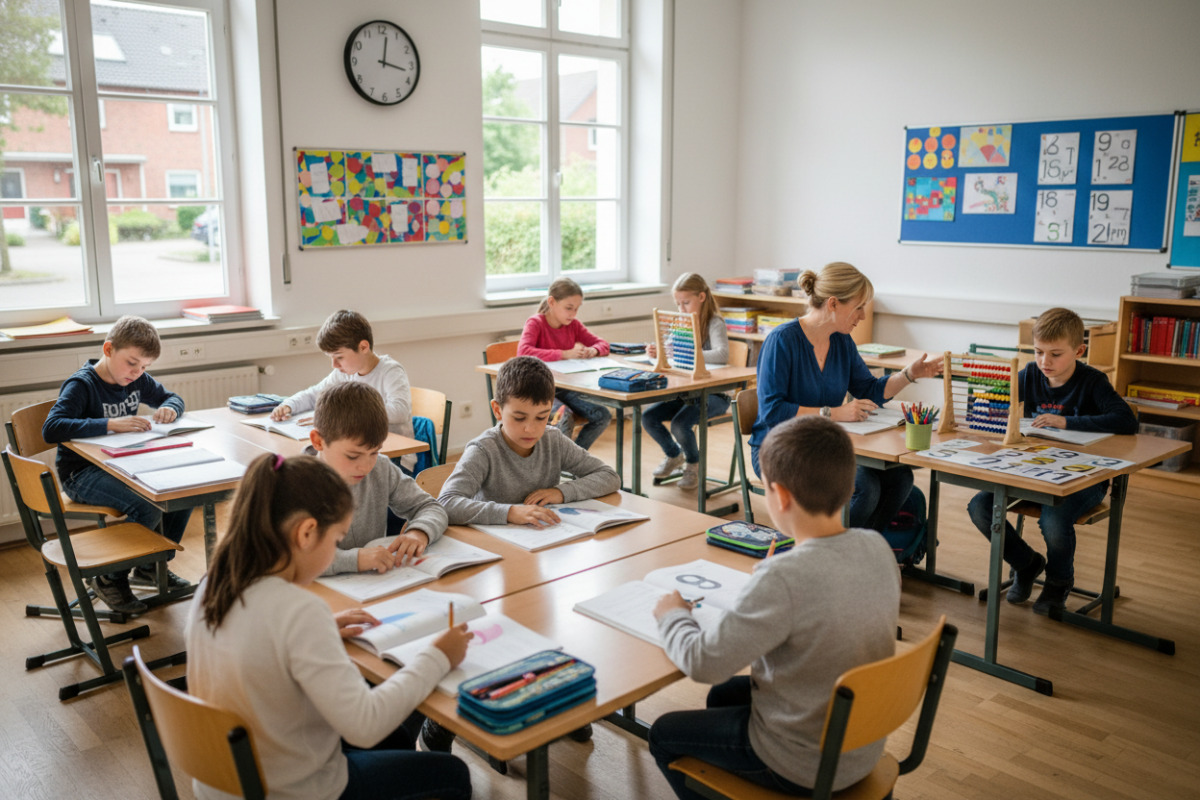 Die Bilder zeigen ruhige Unterrichtssituationen, in denen Lesen, Rechnen und feste Abläufe Kinder im Grundschulalltag