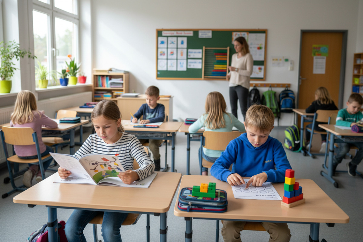 Die Bilder zeigen ruhige Unterrichtssituationen, in denen Lesen, Rechnen und feste Abläufe Kinder im Grundschulalltag