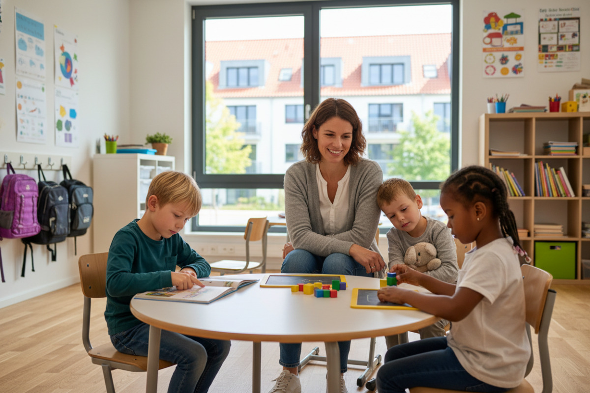 Alltagsszenen zeigen, wie Lesen, Rechnen, Pausen und ruhige Begleitung Kinder in der . Klasse stärken können.