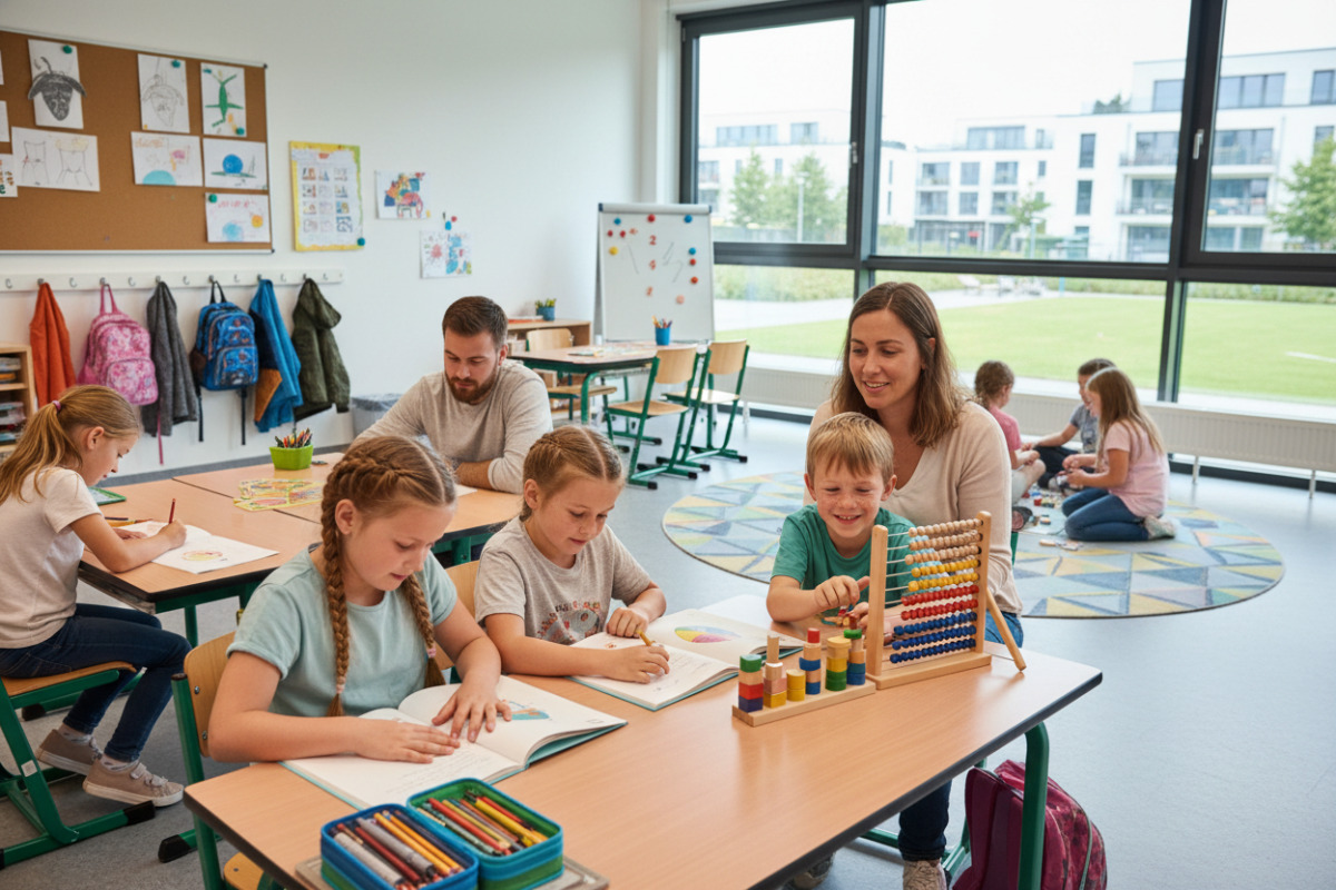 Alltagsszenen zeigen, wie Lesen, Rechnen, Pausen und ruhige Begleitung Kinder in der . Klasse stärken können.