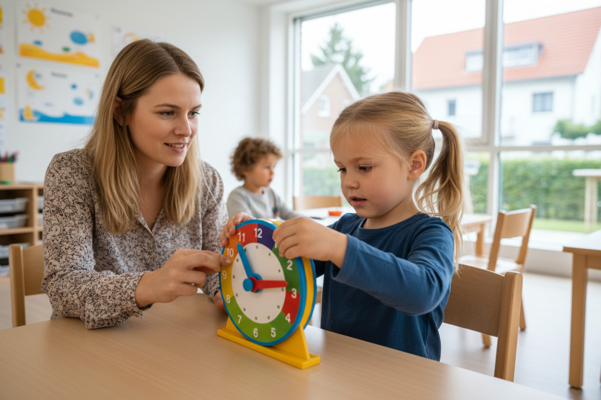 Abb. verstellbare Lernuhr hilft Kindern, Zeiger und Zeiten greifbar zu verstehen.