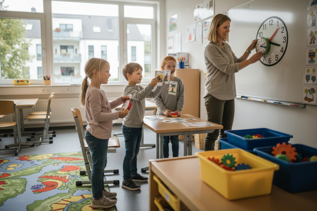 Alltag, Unterricht und spielerische Übungen zeigen Kindern, wie Uhrzeiten in echten Situationen Bedeutung bekommen.