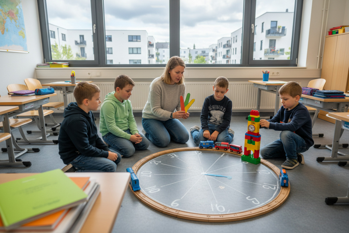 Alltag, Unterricht und spielerische Übungen zeigen Kindern, wie Uhrzeiten in echten Situationen Bedeutung bekommen.