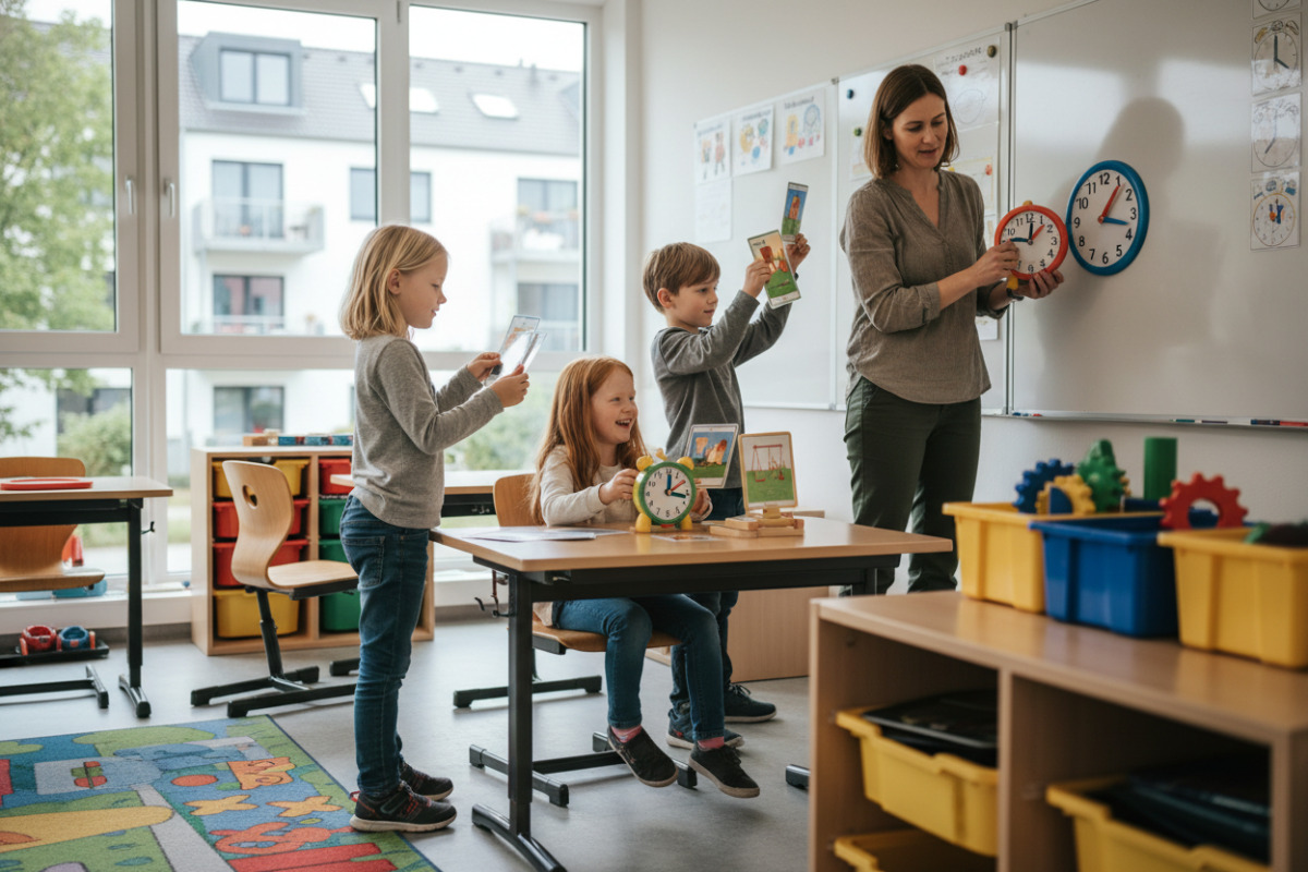 Alltag, Unterricht und spielerische Übungen zeigen Kindern, wie Uhrzeiten in echten Situationen Bedeutung bekommen.