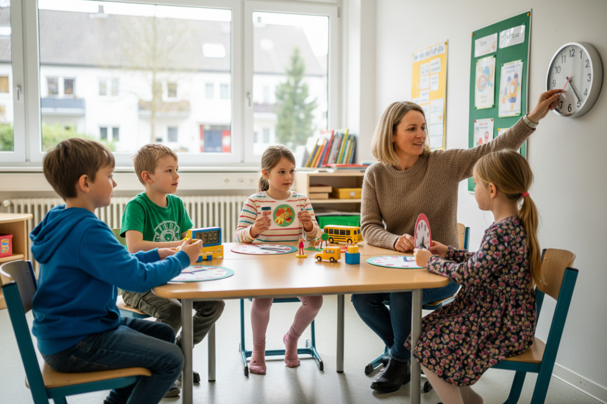 Alltag, Unterricht und spielerische Übungen zeigen Kindern, wie Uhrzeiten in echten Situationen Bedeutung bekommen.