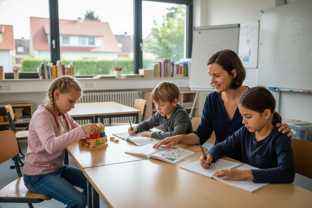 Abb. Kinder arbeiten konzentriert, während die Lehrkraft behutsam unterstützt.