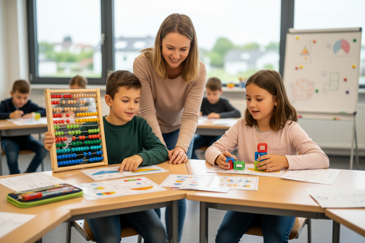Abb. Anschauungsmaterial und Partnerarbeit geben Sicherheit bei neuen Rechenwegen.