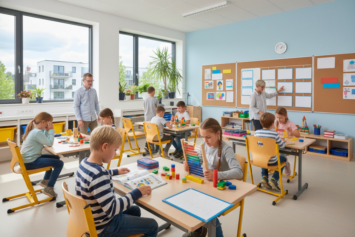 Die Bilder zeigen , ruhige Lernmomente in der . Klasse mit Lesen, Rechnen, Struktur und kurzen Pausen.