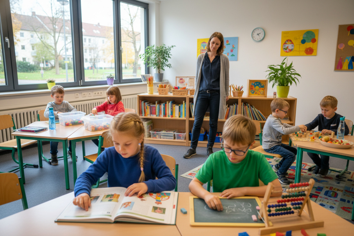 Die Bilder zeigen , ruhige Lernmomente in der . Klasse mit Lesen, Rechnen, Struktur und kurzen Pausen.