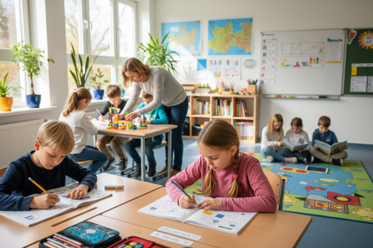 Die Bilder zeigen , ruhige Lernmomente in der . Klasse mit Lesen, Rechnen, Struktur und kurzen Pausen.
