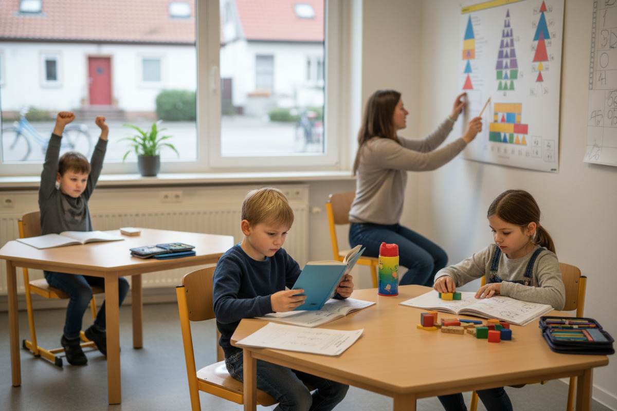 Die Bilder zeigen , ruhige Lernmomente in der . Klasse mit Lesen, Rechnen, Struktur und kurzen Pausen.