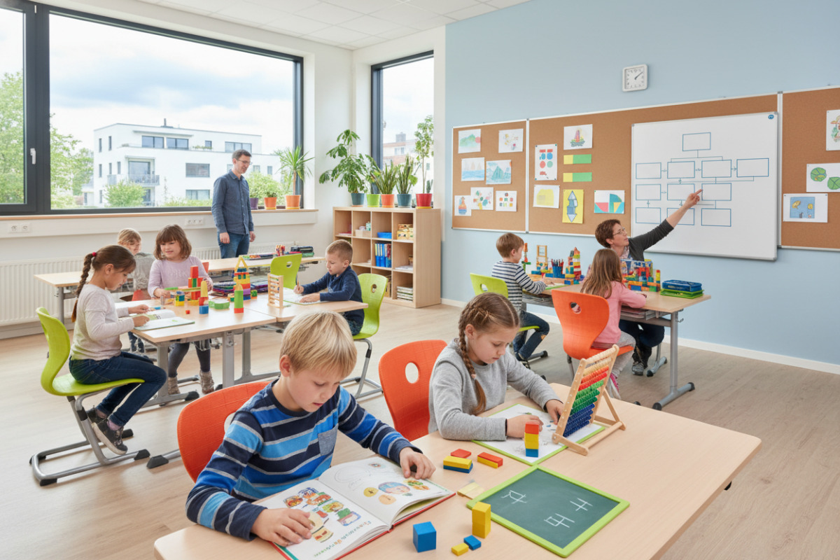 Die Bilder zeigen , ruhige Lernmomente in der . Klasse mit Lesen, Rechnen, Struktur und kurzen Pausen.