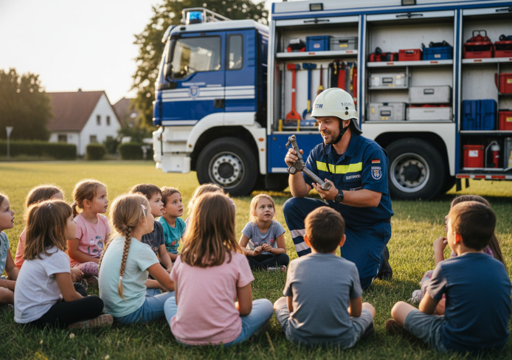 Kinder hören einem THW-Helfer zu