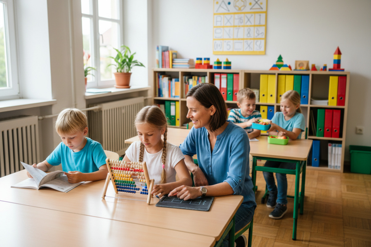 Alltagsszenen zeigen, wie Lesen, Rechnen, Pausen und Ordnung zu freundlichen Lernroutine zusammenwachsen.