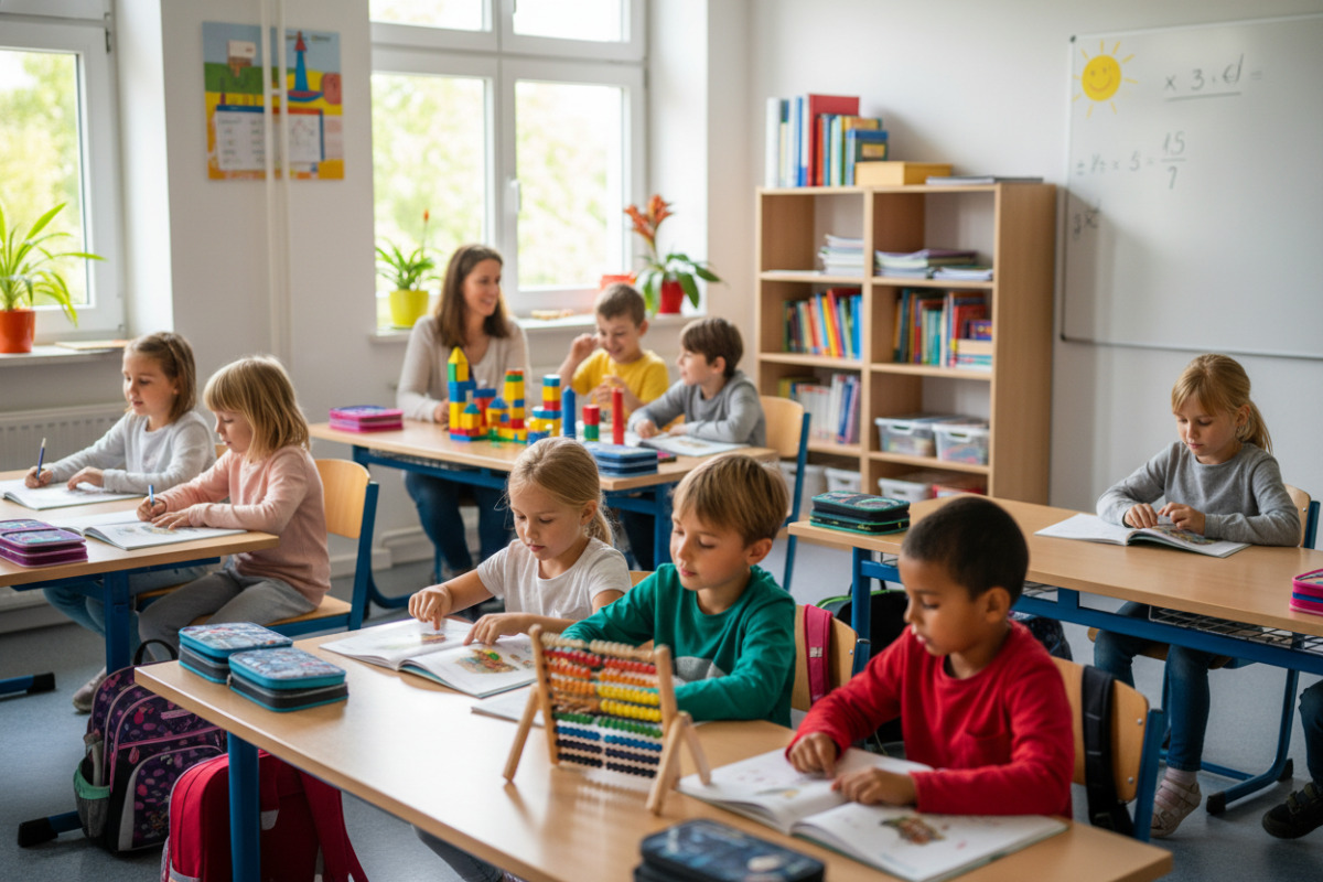 Alltagsszenen zeigen, wie Lesen, Rechnen, Pausen und Ordnung zu freundlichen Lernroutine zusammenwachsen.