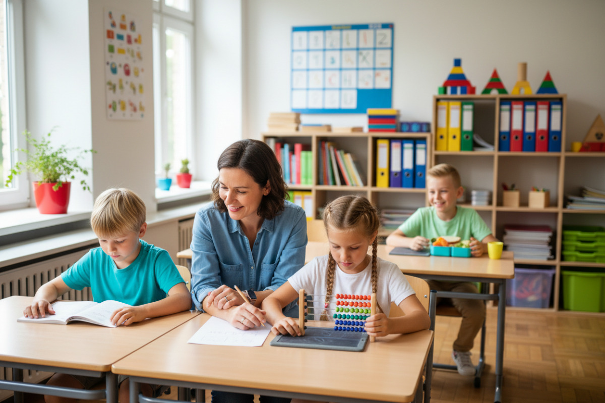 Alltagsszenen zeigen, wie Lesen, Rechnen, Pausen und Ordnung zu freundlichen Lernroutine zusammenwachsen.