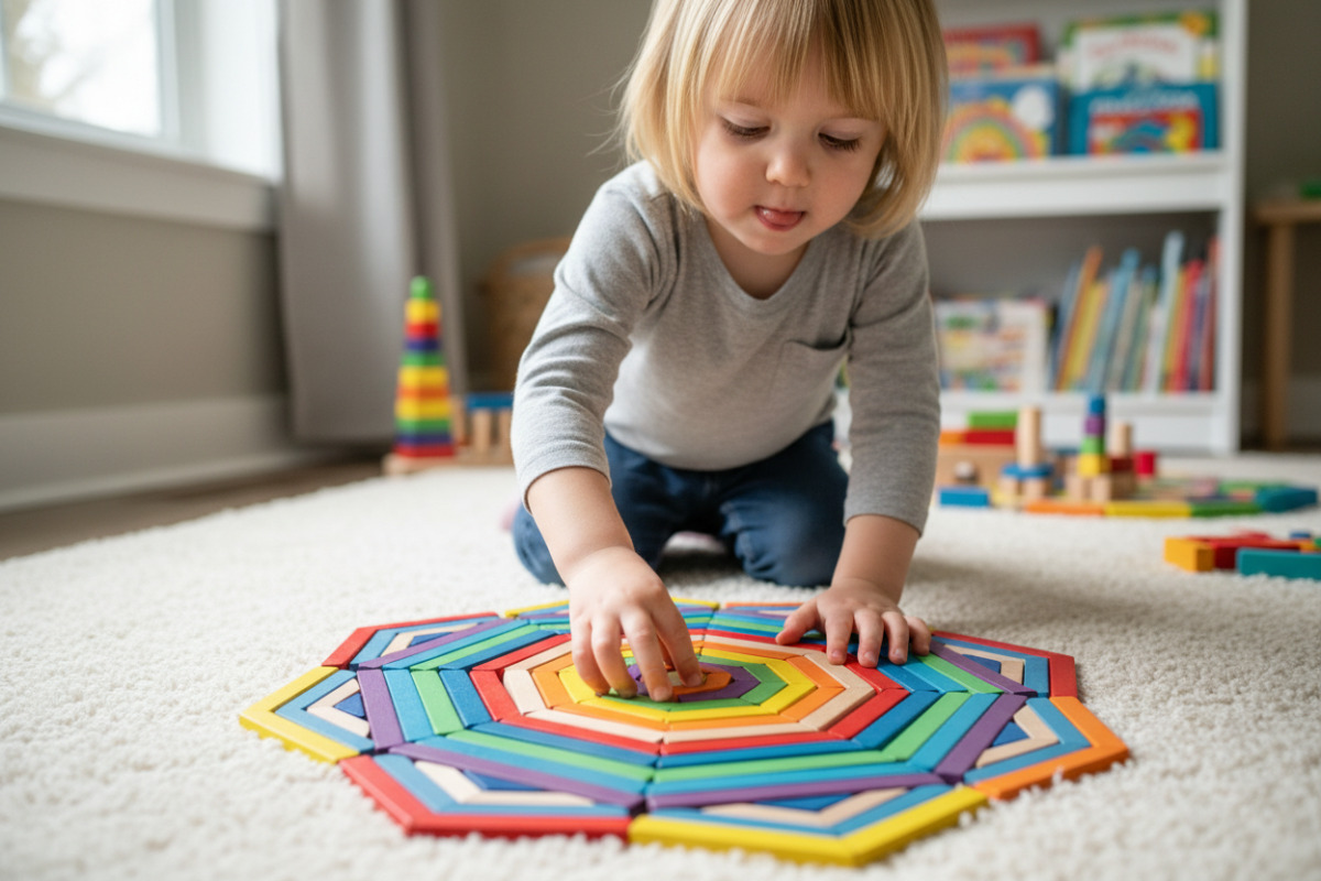 Kind legt farbige Klötze in einem Muster