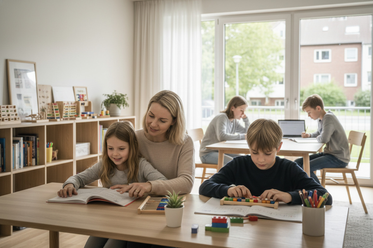 Die Bilder zeigen einfache Lernsituationen mit Lesen, Rechnen, Ordnung am Arbeitsplatz und ruhigem gemeinsamen Arbeiten.