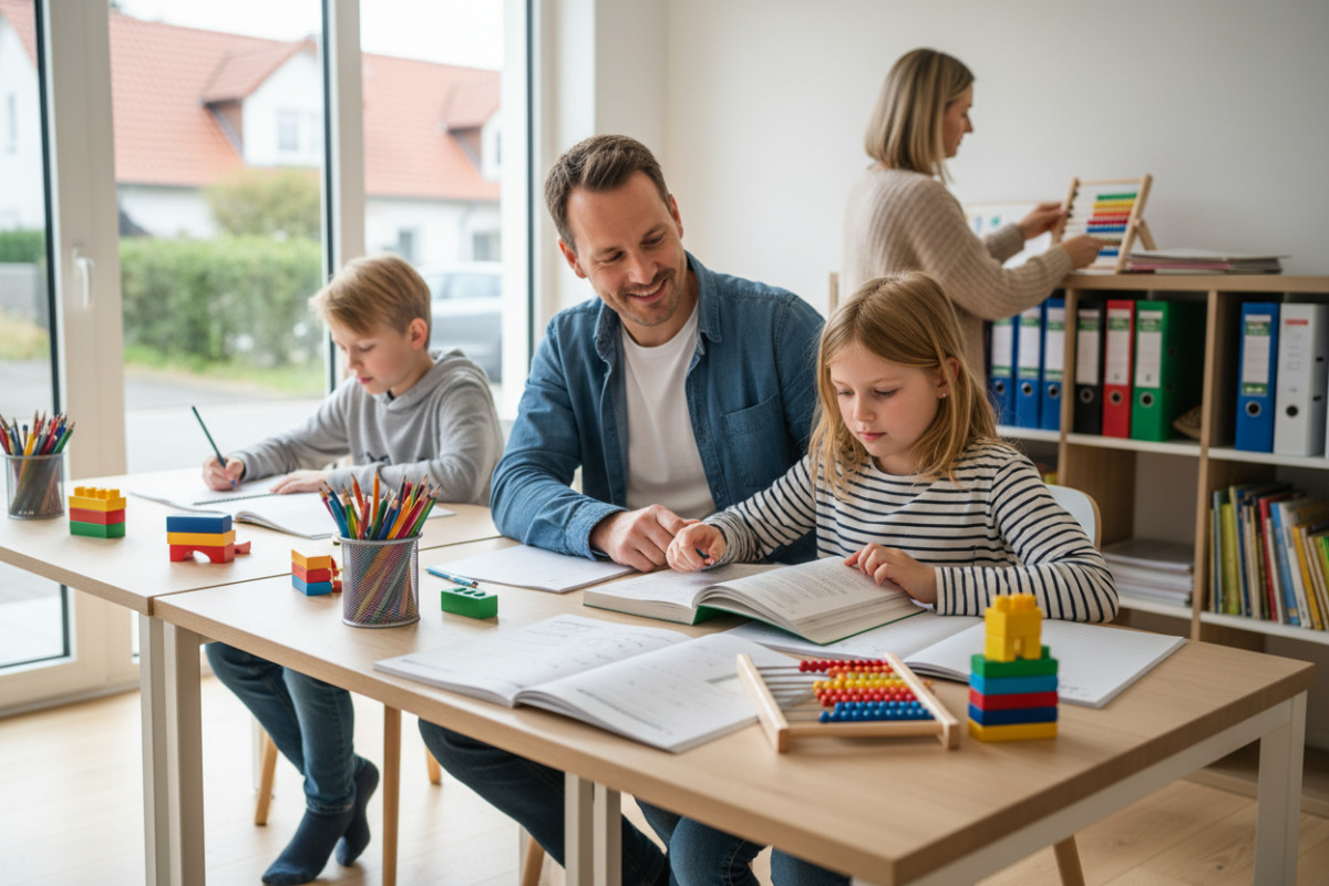 Die Bilder zeigen einfache Lernsituationen mit Lesen, Rechnen, Ordnung am Arbeitsplatz und ruhigem gemeinsamen Arbeiten.