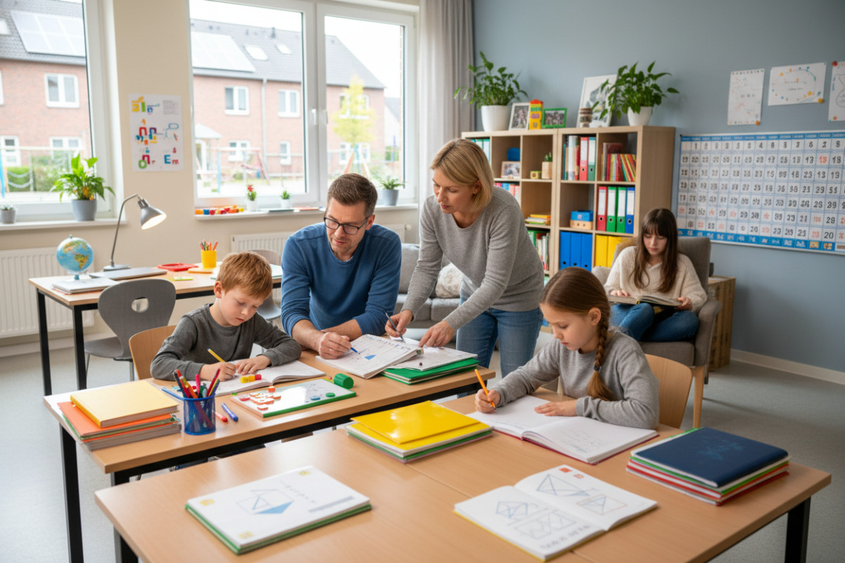 Die Bilder zeigen einfache Lernsituationen mit Lesen, Rechnen, Ordnung am Arbeitsplatz und ruhigem gemeinsamen Arbeiten.
