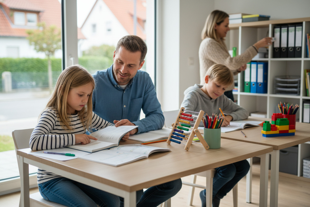 Die Bilder zeigen einfache Lernsituationen mit Lesen, Rechnen, Ordnung am Arbeitsplatz und ruhigem gemeinsamen Arbeiten.