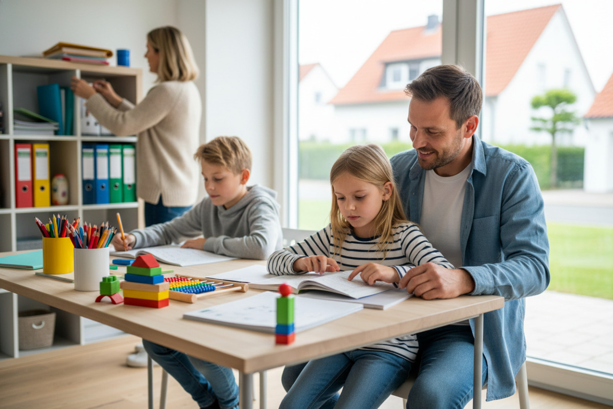 Die Bilder zeigen einfache Lernsituationen mit Lesen, Rechnen, Ordnung am Arbeitsplatz und ruhigem gemeinsamen Arbeiten.