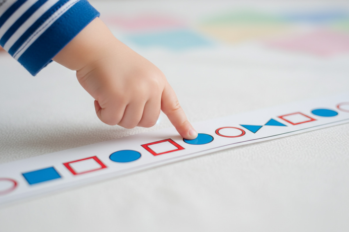 Kind zeigt mit dem Finger auf eine Musterreihe