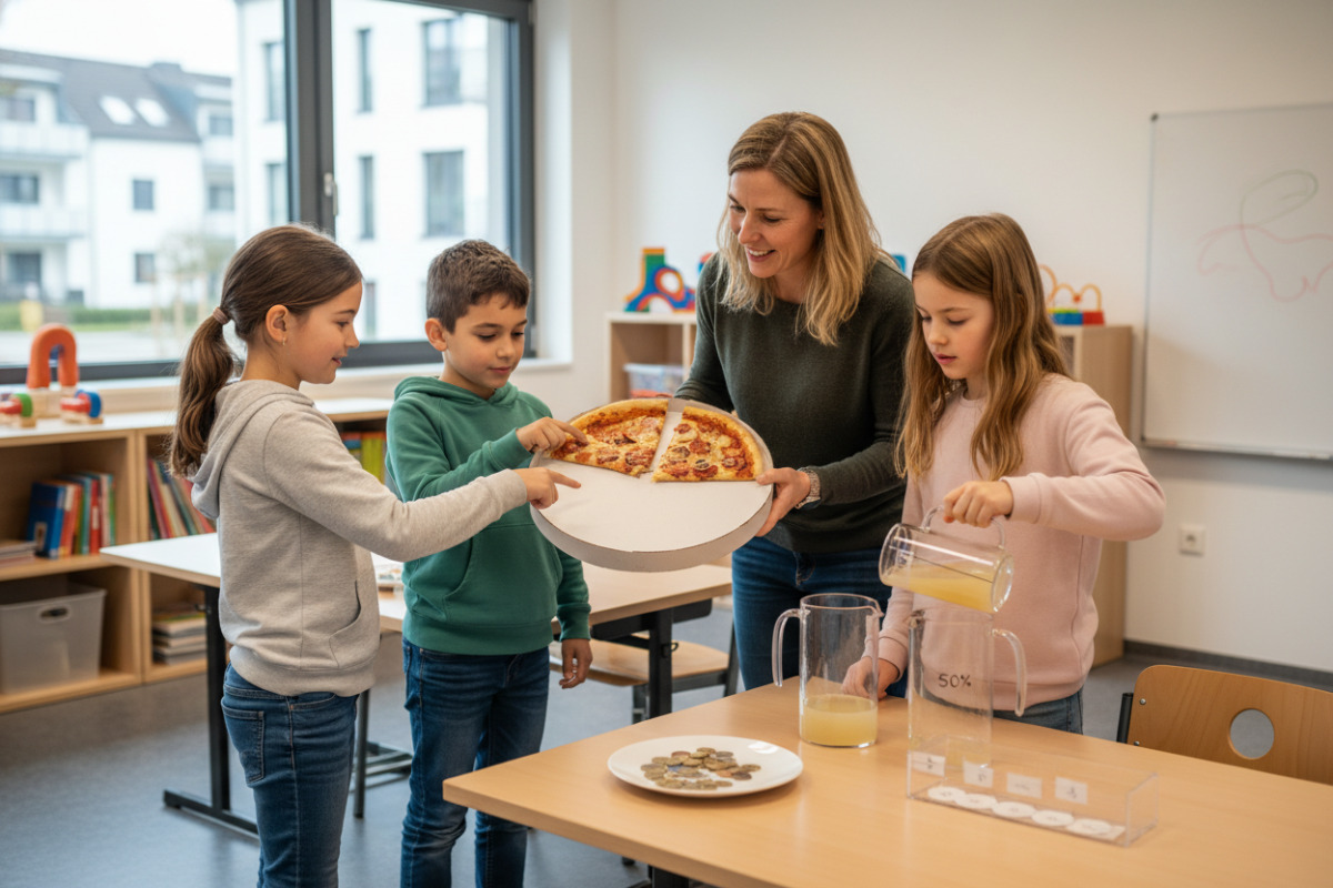 Die Bilder zeigen, wie Kinder Halbieren, Prozentanteile und Kommazahlen mit einfachen Alltagssituationen besser