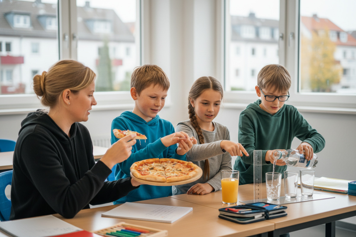 Die Bilder zeigen, wie Kinder Halbieren, Prozentanteile und Kommazahlen mit einfachen Alltagssituationen besser