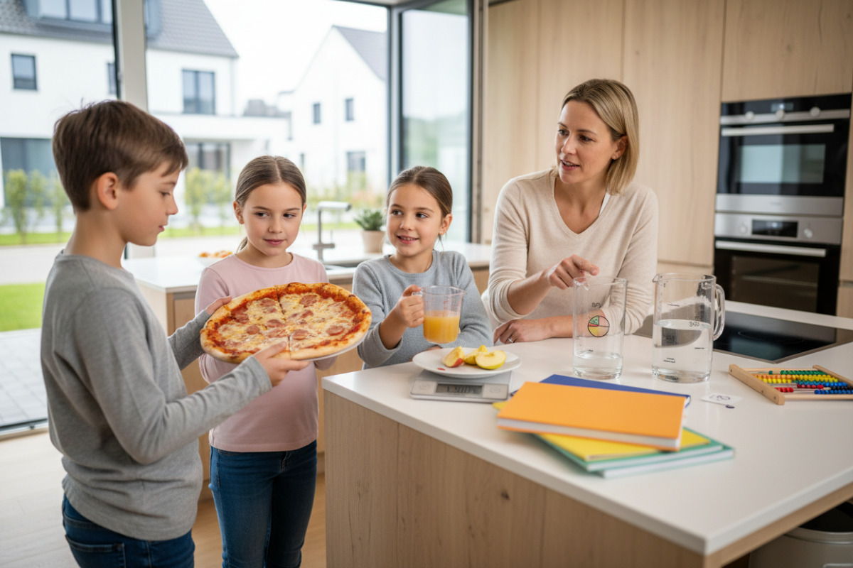 Die Bilder zeigen, wie Kinder Halbieren, Prozentanteile und Kommazahlen mit einfachen Alltagssituationen besser