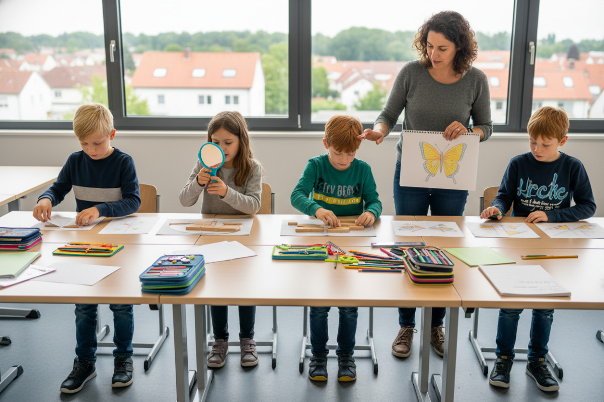 Die Bilder zeigen Zugänge zur Spiegelachse falten, betrachten, legen, zeichnen und vergleichen.