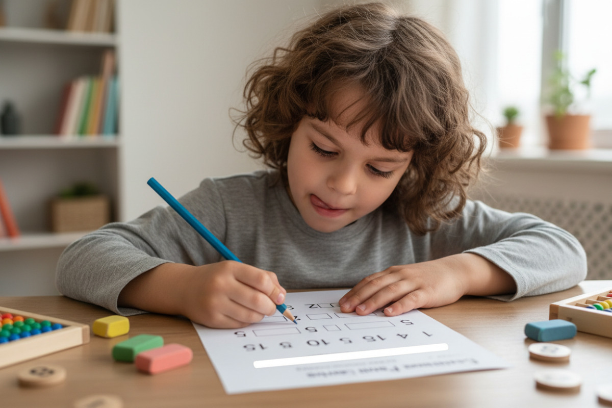 Kind arbeitet an einem Zahlenfolgen-Arbeitsblatt
