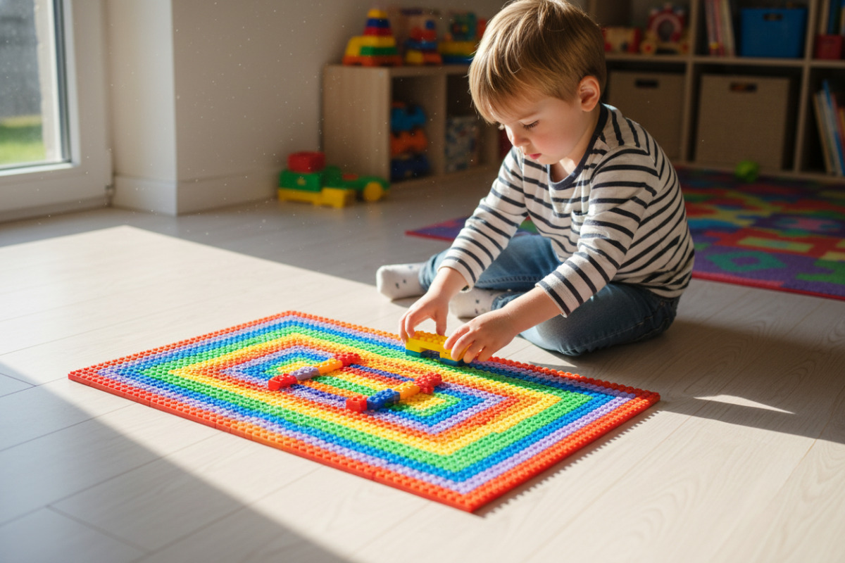Kind baut aus bunten Bausteinen ein Farb-Muster