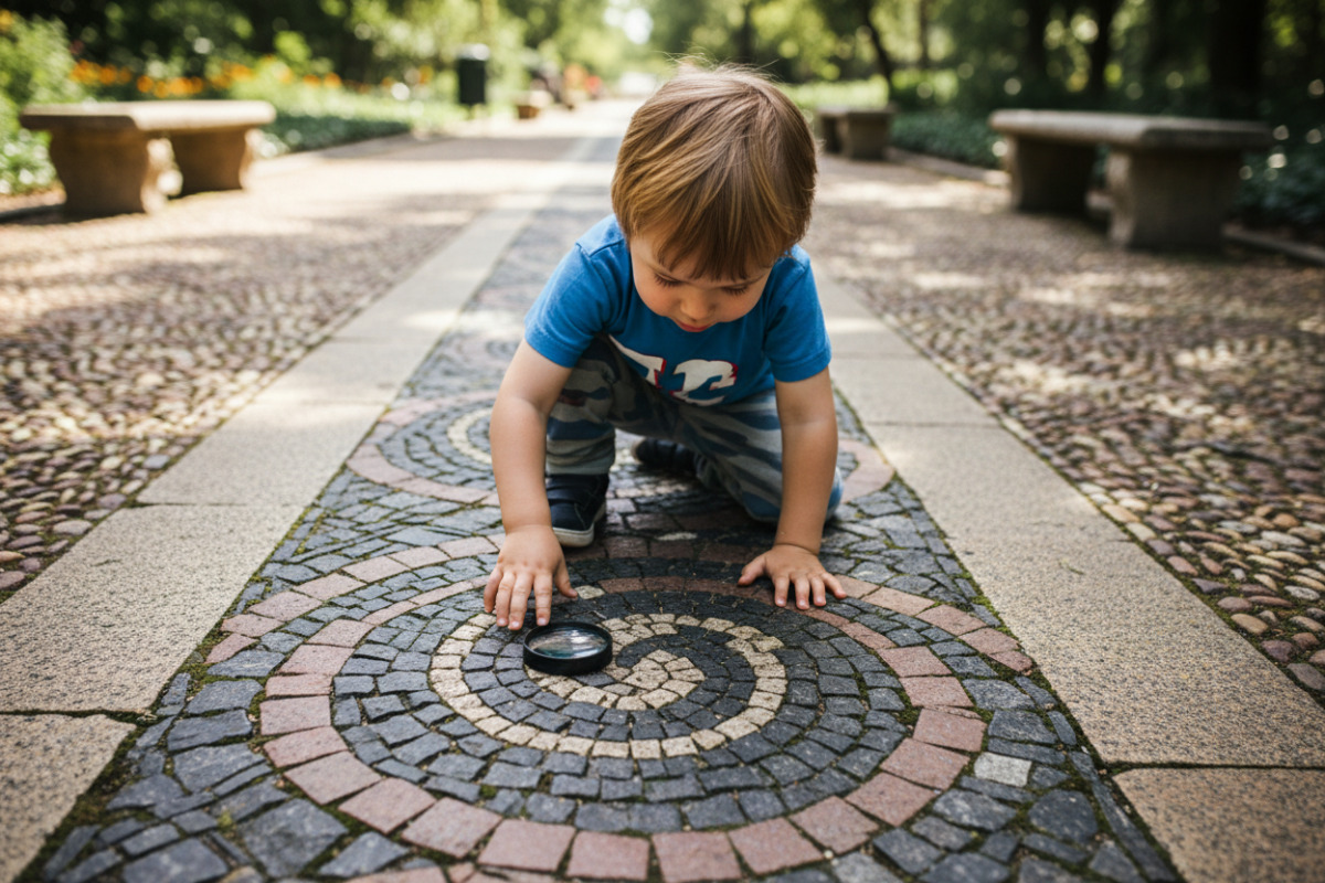 Kind entdeckt Muster in Pflastersteinen draußen