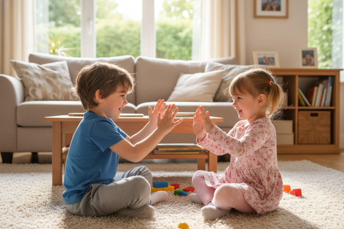 Zwei Kinder klatschen einen Bewegungsrhythmus im Wohnzimmer