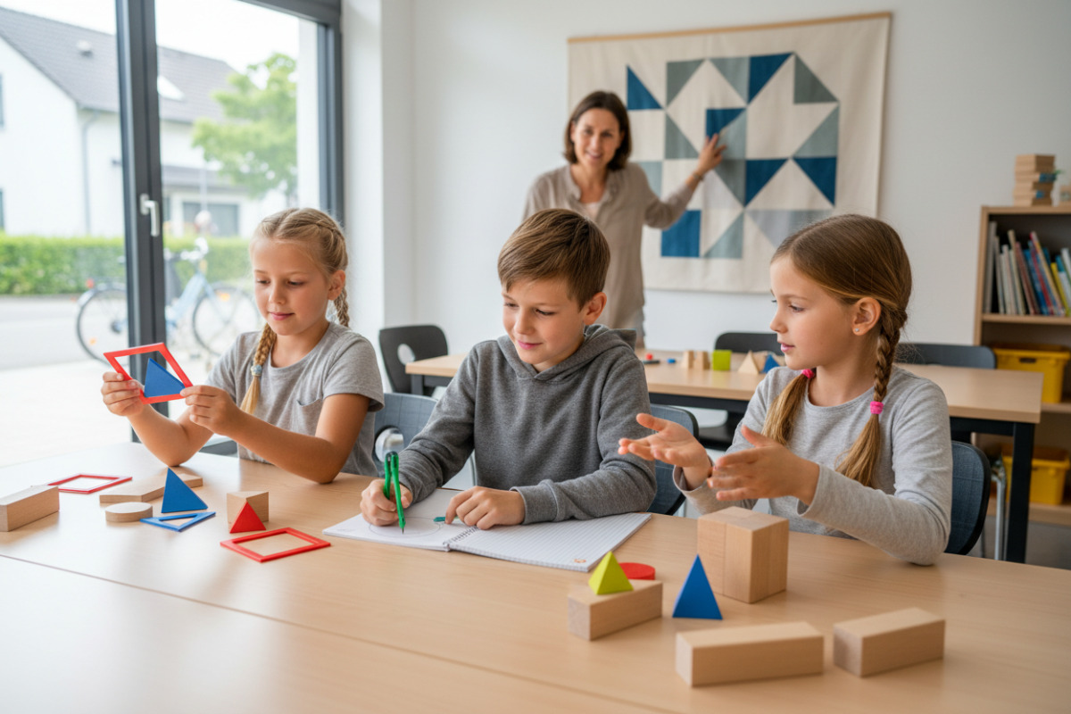 Alltagsszenen zeigen, wie Kinder geometrische Figuren entdecken, vergleichen, zeichnen und mit eigenen Worten