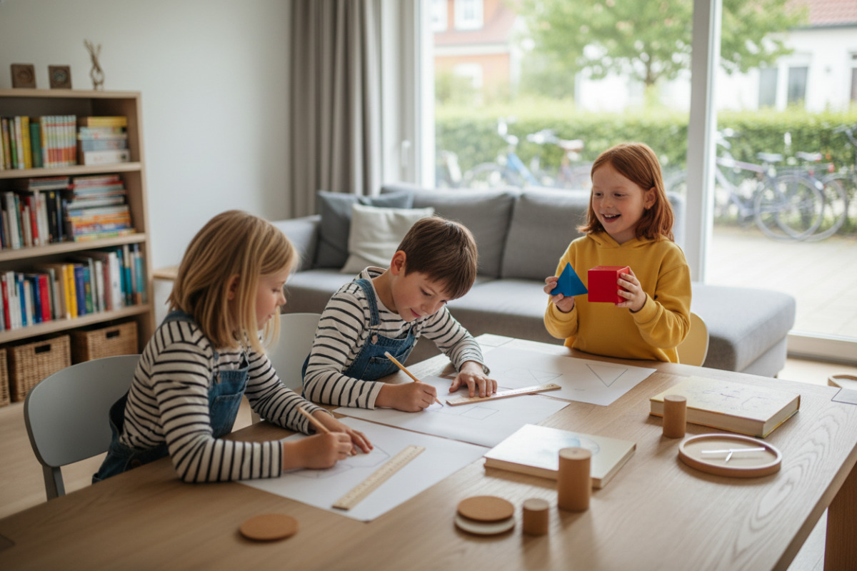 Alltagsszenen zeigen, wie Kinder geometrische Figuren entdecken, vergleichen, zeichnen und mit eigenen Worten
