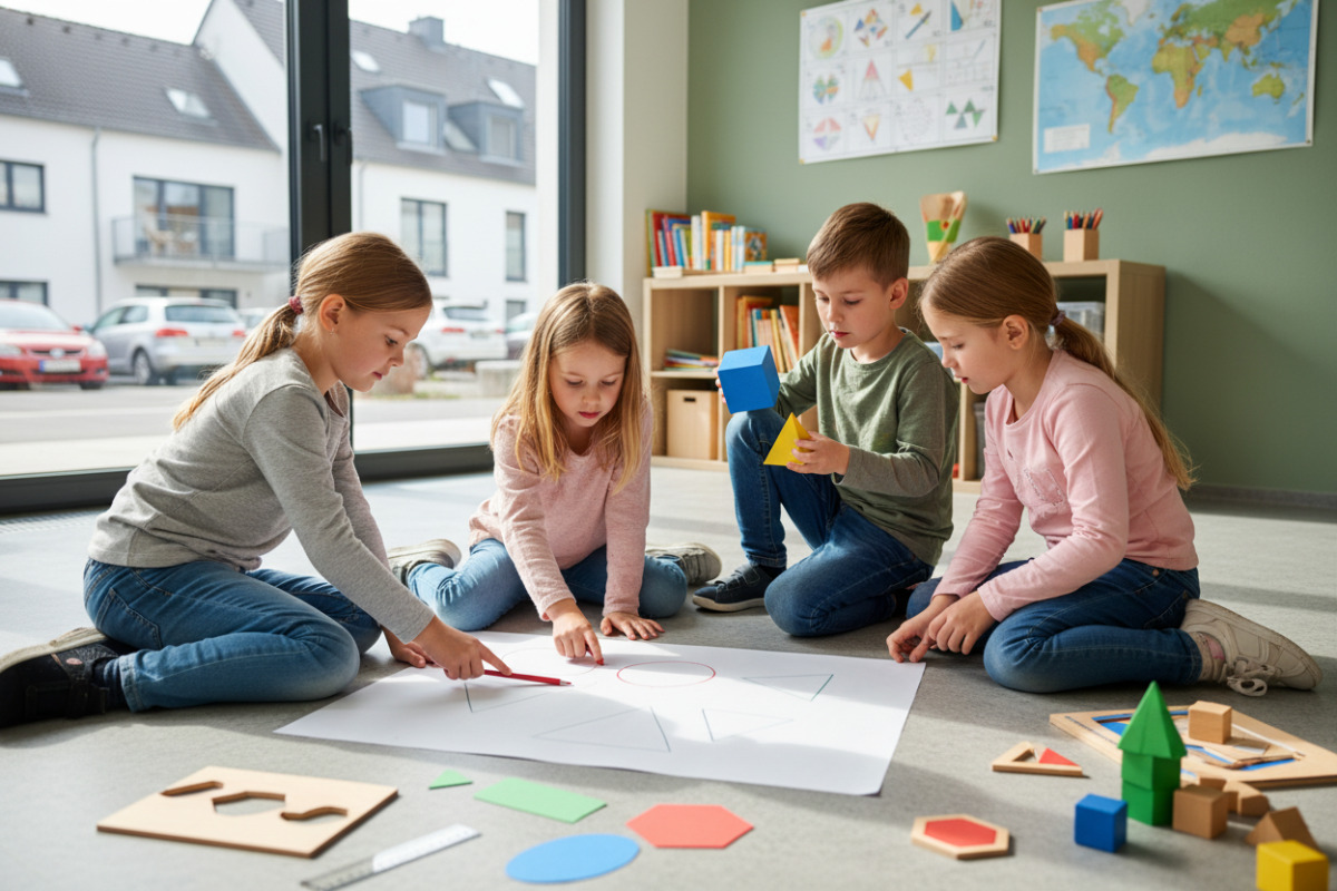 Alltagsszenen zeigen, wie Kinder geometrische Figuren entdecken, vergleichen, zeichnen und mit eigenen Worten