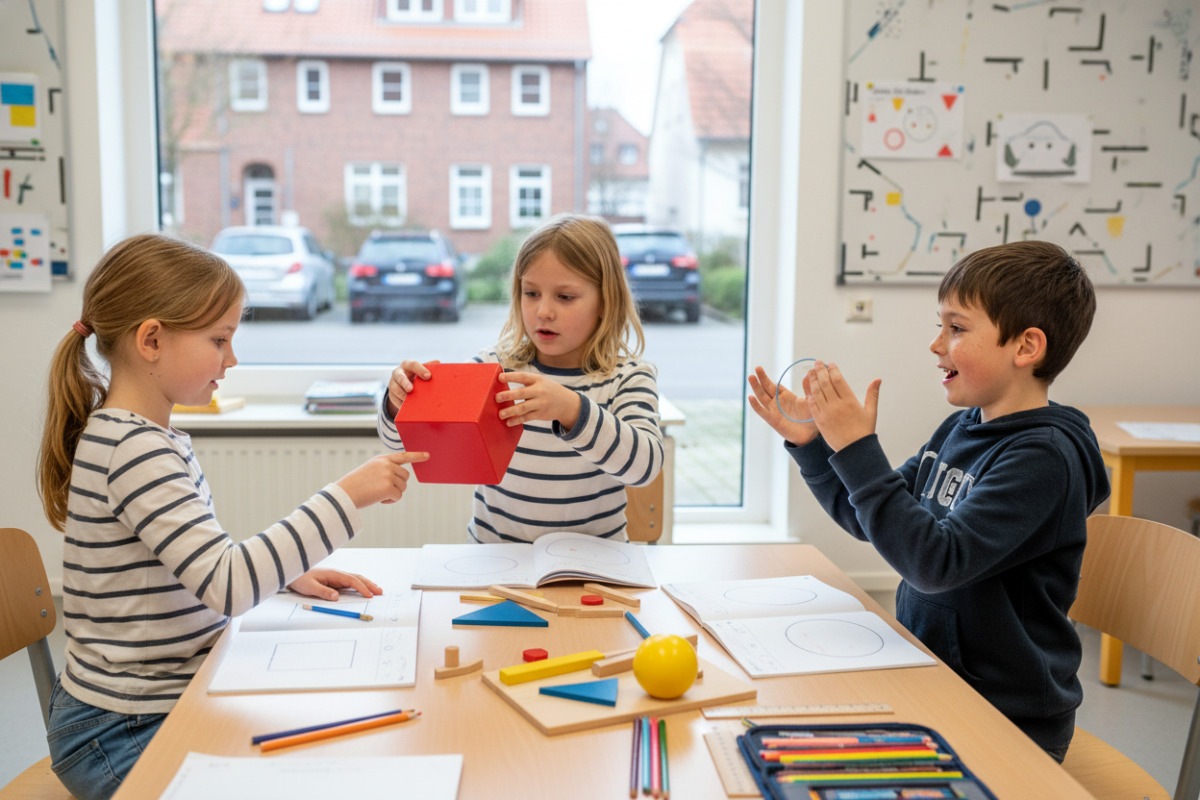 Alltagsszenen zeigen, wie Kinder geometrische Figuren entdecken, vergleichen, zeichnen und mit eigenen Worten