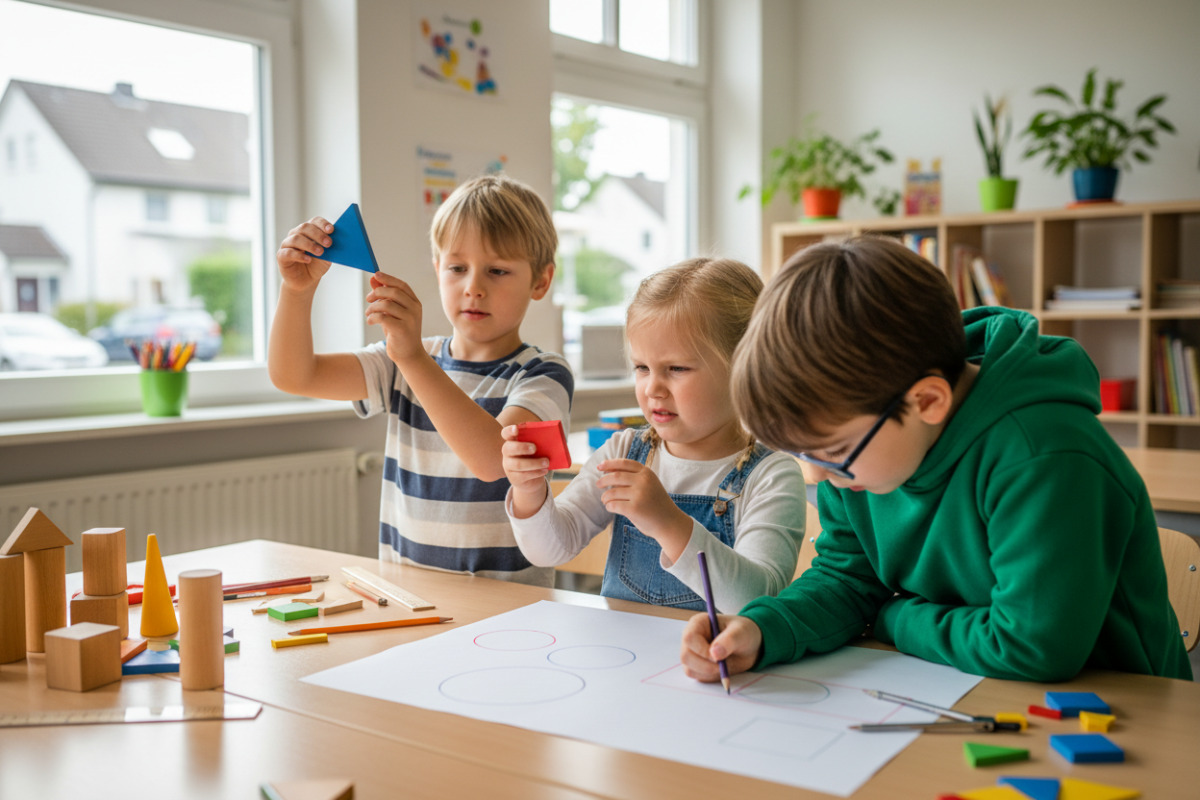 Alltagsszenen zeigen, wie Kinder geometrische Figuren entdecken, vergleichen, zeichnen und mit eigenen Worten