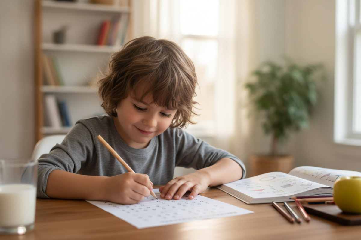 Kind arbeitet an einem Zahlenfolgen-Arbeitsblatt zu Hause