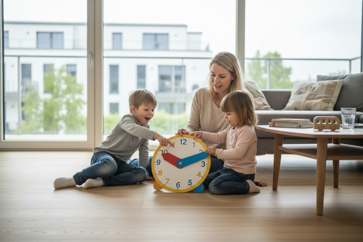 Alltagsszenen zeigen, wie Kinder die analoge Uhr durch Sehen, Sprechen, Drehen und gemeinsame Routinen verstehen.