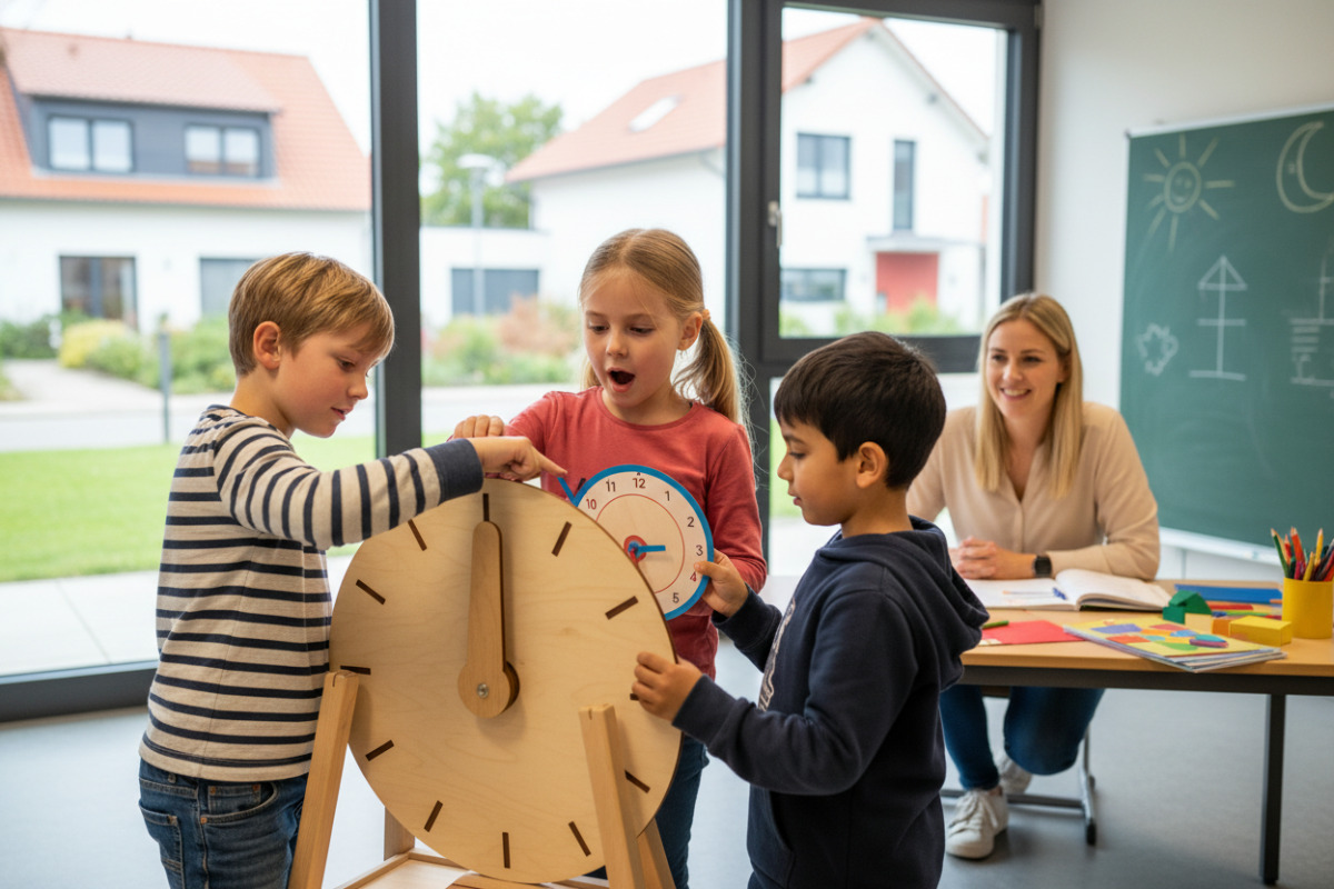 Alltagsszenen zeigen, wie Kinder die analoge Uhr durch Sehen, Sprechen, Drehen und gemeinsame Routinen verstehen.